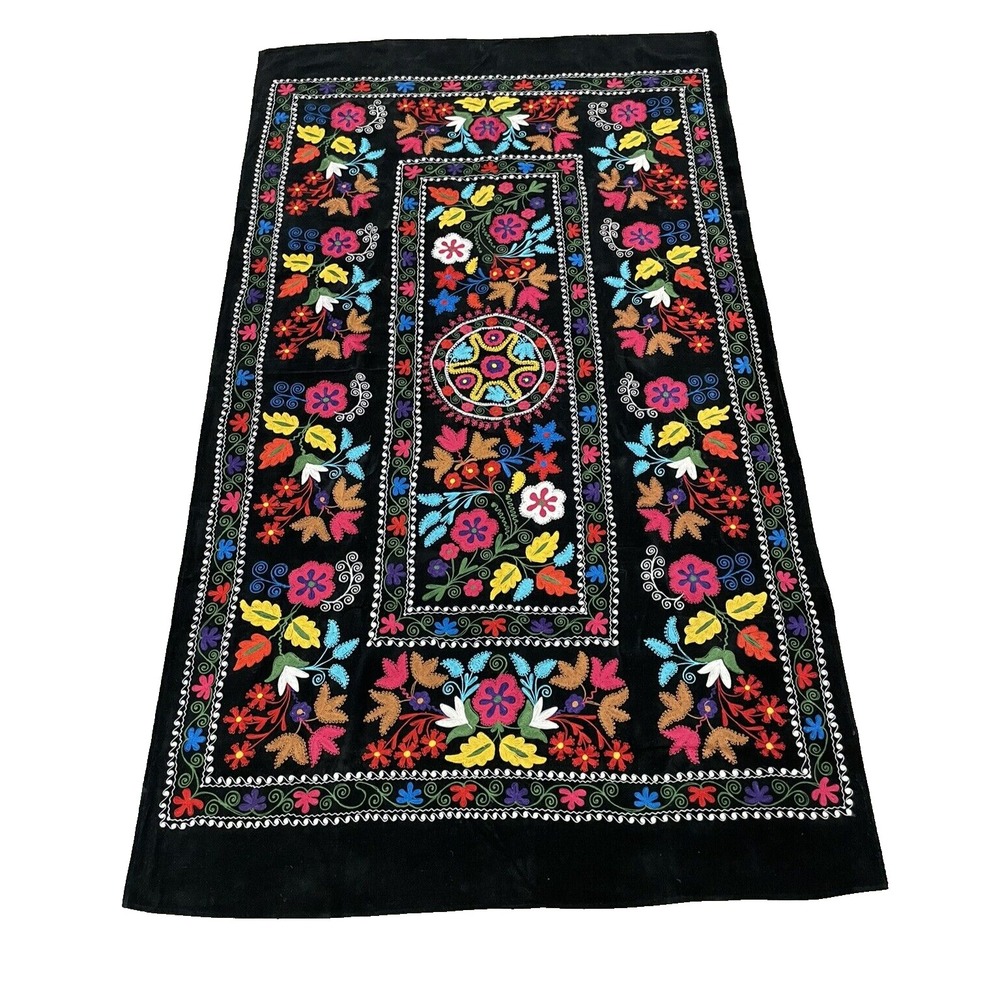 Vtg Uzbek Suzani Handmade Embroidery on Velvet Tablecloth Wall Hanging 53"x90"